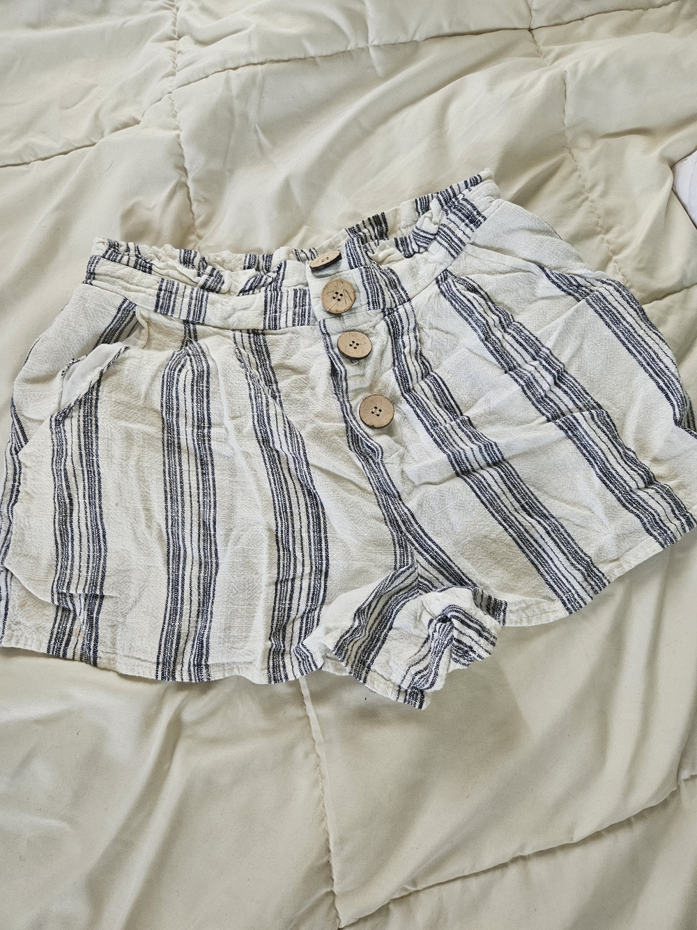 Striped White and Navy Button-Front Women’s Shorts